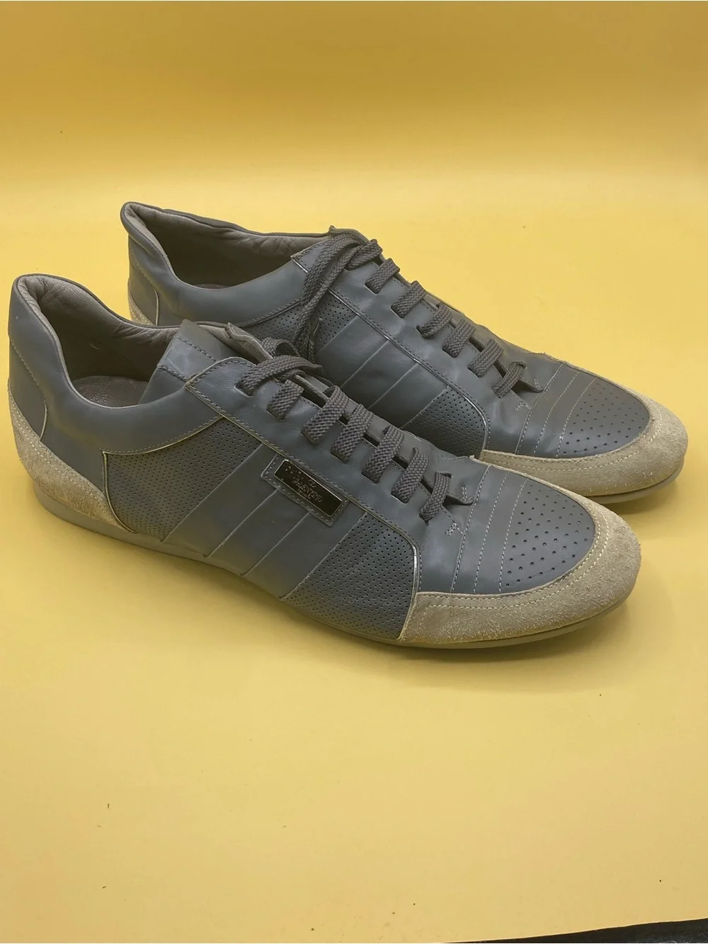 RARE Valentino Garavani Slate Blue Leather Sneakers with Beige Suede Trim